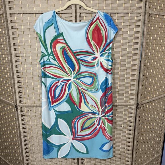 Chico’s IONA V-Neck Slinky Knit Dress Size 2/L SEAWAY BLUE Floral Cap Sleeve NEW - Picture 2 of 10